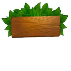 a wooden sign with green leaves hanging from it's sides on a white background