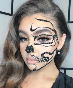 Skeleton Makeup Rhinestones, Skeleton Makeup With Rhinestones, Bedazzled Skeleton Makeup, Cute Skull Makeup, Pretty Skull Makeup, Bedazzled Skull Makeup, Skull Rhinestone Makeup, Catrina Make Up Maquillaje