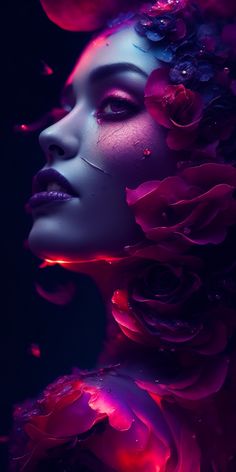 a woman's face with flowers on it and water droplets all over her body