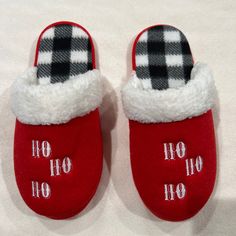 Brand New, Never Worn But We Took The Tags Off Thinking We’d Wear Them. Super Cute Slippers With A Bright Santa Red Front, Faux Fur Outlines The Opening And Black And White Plaid Fleece Inside. Care Instructions Indicate Machine Washable On Gentle Cycle. Size Is Large (8/9). Holiday Pjs, Ho Ho Ho Christmas, Cute Slippers, Kids Slippers, Christmas Kids, Black And White Plaid, White Faux Fur, Ho Ho Ho, White Plaid