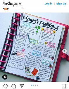 an open planner book with writing on it and pink ribbon around the pages that read planner problems