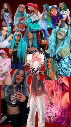 the collage shows many different images of women with long hair and colorful wigs