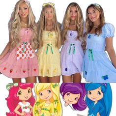 three girls dressed in different dresses and hair styles