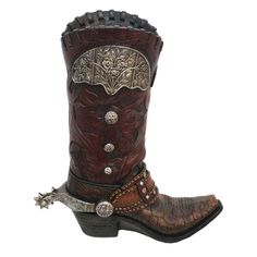 Tooled Leather & Silver Cowboy Boot Vase Cowboy Boot Vase, Turquoise Cowboy Boots, Boot Vase, Brown Cowgirl Boots, Western Brown, Dr Shoes, Flower Vases Decoration, Floral Heels, Metal Accents