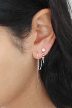 "Dainty threader earring and cubic zirconia stud-drops combination in 925 sterling silver. Each set is made of TWO CONNECTED EARRINGS: The chain of the threaded bar earring is connected to the ear nut of the cubic zirconia studs & drop earring. You can only wear this earrings combo if you have two piercings in one ear! Please select the number of sets you need from the drop down menu: 1 set (for one ear) or - 2 sets (for two ears) *If you would like to wear this combo in both ears - please s 2 Piercings, Earrings Combo, Embossed Jewelry, Gold Ear Climbers, Bar Earring, Dangle Earrings Wedding, Gold Bar Earrings, Bar Stud Earrings, Halo Earrings