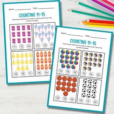 two worksheets for counting the numbers to fifteen and ten with colored pencils next to them