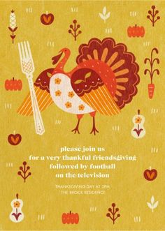 a thanksgiving card with a turkey holding a fork