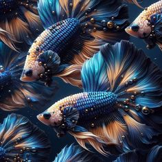 some very pretty blue and gold fish in the water with pearls on their tails,