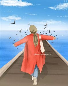 a painting of a woman walking down a pier with birds flying overhead in the background