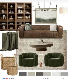 a living room is shown with green furniture and accessories in shades of gray, brown, white