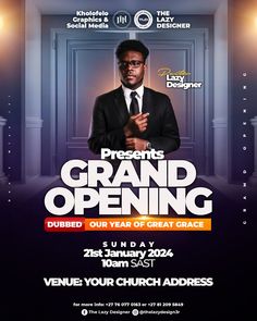 an event poster for a church with a man in a suit and tie standing in front of a doorway