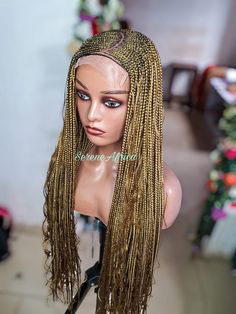 Boho Braid Wig, Gold Braid Wig, Braided Wigs, Cornrow Braid Wig, Ghana Weave Braided Wig NEED OTHER STYLES AND COLORS OF BRAIDED WIGS, AFRICAN HEADWRAPS AND CORAL BRIDAL BEADS, VISIT OUR SHOP HERE: https://sereneafrica.etsy.com Colour: Gold (color 27) length: 22 inches Lace: Lace Front Transform into a stunning goddess with this exquisite long gold braid wig featuring intricate cornrows! Made with a lace front for a seamless and realistic look, this Ghana weave braided wig is perfect for adding Intricate Cornrows, Boho Braid, Braid Wig, Box Braid Wig, Braided Wigs, Braided Wig, Braids With Weave, Beauty Games, Cornrows Braids