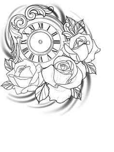 a black and white drawing of roses with a clock in the middle