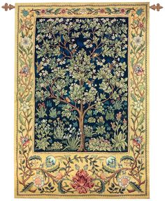 the tree of life tapestry is shown in blue and yellow colors, with an ornate border