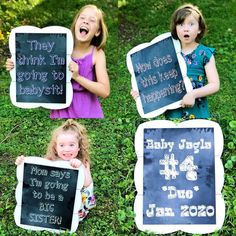 four children holding up signs that say they think i'm going to be babysith