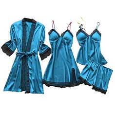 Lavany Women Pajamas Set 4 Piece Silk Lace Robe Dress Babydoll Shorts Sleepwears Lavany Womens Dresses Cute Pyjama, Kimono Lingerie, Silk Nightwear, Lingerie Plus Size, Satin Sleepwear, Comfortable Pajamas, Women Pajamas, Silk Pajama Set, Satin Pyjama Set