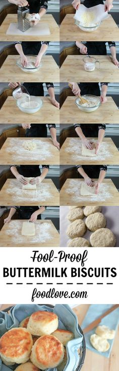 the steps to make buttermilk biscuits are shown in this collage, and there is