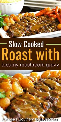 Slow Cooked Roast with Creamy Mushroom Gravy Crockpot Potroast, Slow Cooked Roast, Creamy Mushroom Gravy, Roast Beef Sandwich, Slow Cooker Roast, Crockpot Roast, Roast Beef Recipes, Crockpot Recipes Beef, Chop Suey