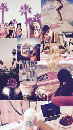 a collage of photos with women in bikinis and palm trees on the beach