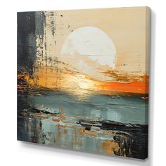 an abstract painting with orange, yellow and blue colors on the ocean at sunset or sunrise