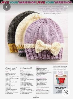 three knitted hats with bow ties on the front and back, in different colors