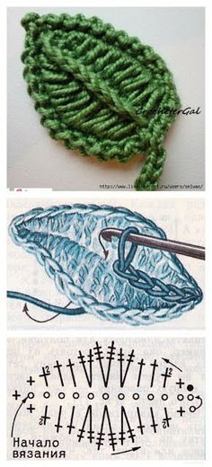 two pictures with different types of yarns and crochet stitches on them, one is green and the other is blue