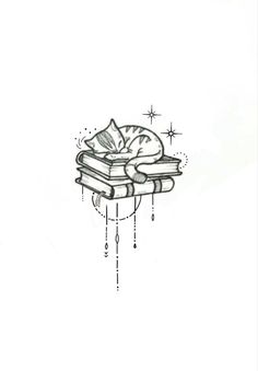 a black and white drawing of a cat sleeping on top of a stack of books