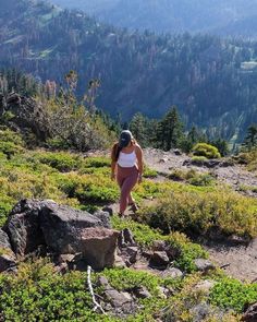 a woman hiking up the side of a mountain with trees and mountains in the background