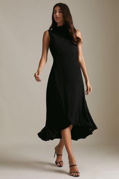 Dress To Impress With This Stylish Tailored Dress. Designed In A Mid-Length With A Figure-Flattering Fitted Waist, It Features A High Neck And Asymmetrical Hem For A Unique Touch. High Low Midi Dress, Soft Tailoring, Mother Of The Bride Outfit, Tailored Dress, Karen Millen, Asymmetrical Hem, Black Midi Dress, Maxi Dresses, Wedding Guest Dress