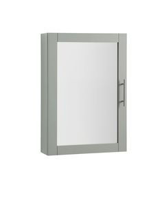 a bathroom medicine cabinet with a mirror on the front and bottom panel, in grey