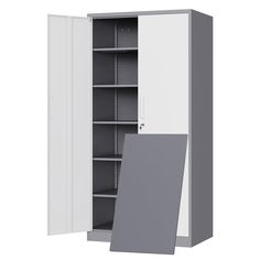 a white and gray cabinet with shelves next to it