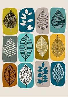 an art print with different types of leaves