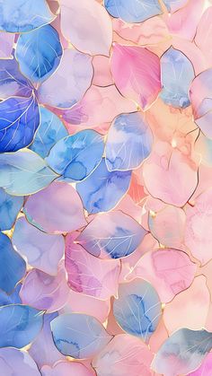 colorful leaves are arranged in the shape of an abstract pattern on a pink and blue background