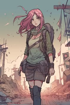 a girl with pink hair and boots walking down the street in front of an industrial area