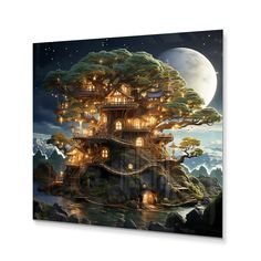 a painting of a tree house in the night