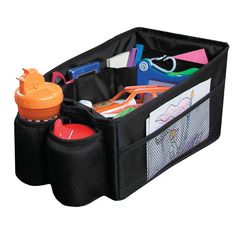 a black storage bin filled with assorted items