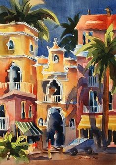 an oil painting of buildings and palm trees