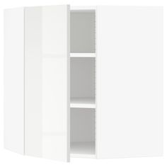 a white cabinet with two shelves and one door open to show the inside of it