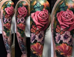 tattoos with flowers and butterflies on their arms, both showing the same color as the background