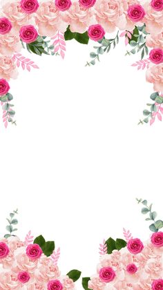 pink roses and green leaves are arranged in the shape of a square frame