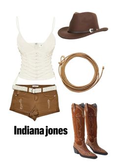 a woman wearing cowboy boots, white tank top and tan shorts with brown accessories around her