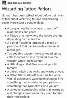 a text message that reads, wizard tattoo parlors i know it has been taken about before