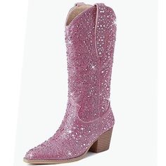 : The Cowboy Boots' Heel Height Is 9cm/3.54in. Based On The Classic Western Boots, The Upper Are Fully Inlaid With Sparkling Rhinestones And Will Be The Show-Stopper Of Any Outfit Sole Material Rubber Shaft Height Calf High Shaft Circumference 13 Inches Pink Boots For Night Out During Party Season, High Heel Party Boots With Glitter Accents, Glamorous High Heel Boots With Glitter Accents, Pink Round Toe Boots For Party Season, Winter Party Heels With Low Heel, Sparkling Boots For Party And Holiday, Winter Party Low Heel Shoes, High Heel Boots With Glitter Accents For Party Season, High Heel Sequin Boots For Party Season