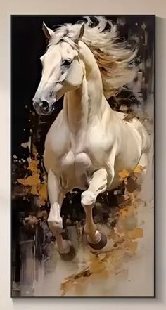 a painting of a white horse running on the ground with its front legs in the air