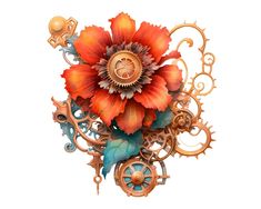 an orange flower with gears and flowers on it