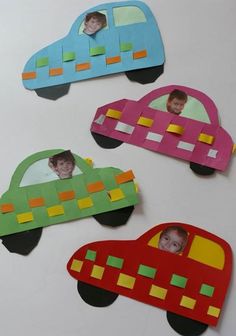 three paper cars with children's faces in them