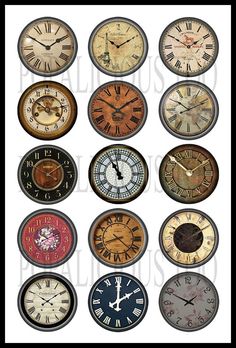 twelve different clocks with roman numerals and numbers on the faces in various colors