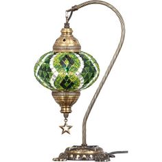 a green and white glass lamp on a metal stand with a star hanging from it