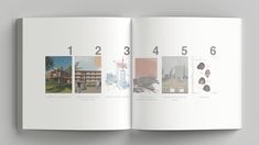 an open book with pictures of buildings and numbers on the front cover is shown in white