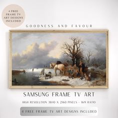 an advertisement for the samsung frame tv art contest featuring horses and people in winter landscape